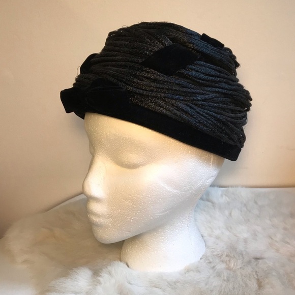 Vintage 1950s Black Bee Hive Woven Hat Velvet main image 6